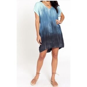 RIVER SKY Ombre Tunic Dress Blue Teal Dip Dye V Neck Short Sleeve Pockets M